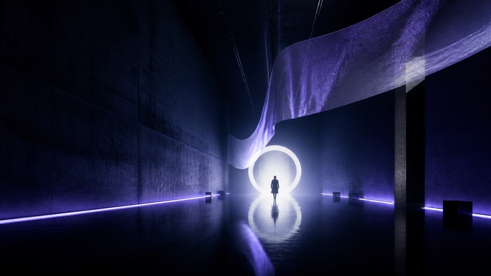 Figure walking toward a glowing ring in a dark corridor