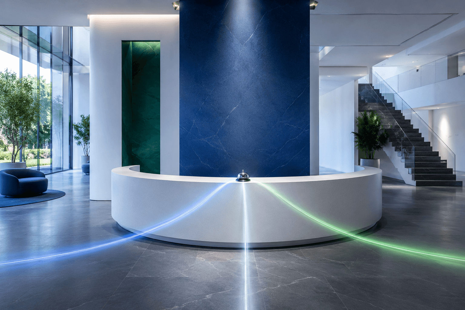 Curved white reception desk with a service bell in a bright lobby