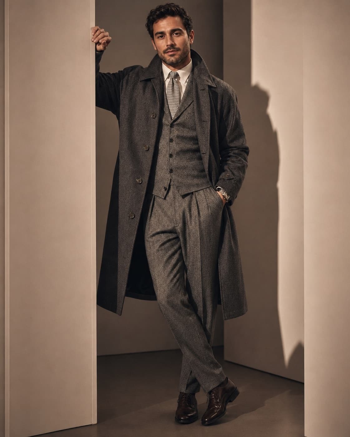 Man in a grey herringbone three-piece suit and long overcoat